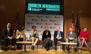 Forum moderators Chamber President Andrew Hoan and Downtown Brooklyn Partnership President Regina Myer question Brooklyn House delegation members Yvette Clarke, Carolyn Maloney, Dan Donovan, Hakeem Jeffries and Nydia Velázquez (left to right). Photo courtesy of the Brooklyn Chamber of Commerce