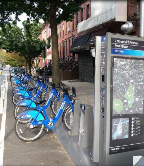 A Citi Bike dock recently installed along Seventh Street at Fifth Avenue in Park Slope. Eagle file photo by James Harney