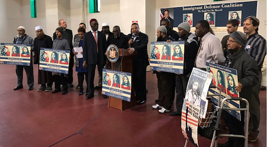 State Sen. Jesse Hamilton (at podium) is working with immigrants’ rights groups on the new initiative. Photo courtesy of Hamilton’s office