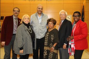 The Supreme Court hosted WBAI radio personality Michael G. Haskins for a discussion as part of the Black History Month celebration in the courts. Pictured from left: Rod Randall, Hon. Deborah Dowling, Michael G. Haskins, Hon. Yvonne Lewis, Hon. Lew Douglass and Hon. Robin K. Sheares. Photo courtesy of the Kings County Courts