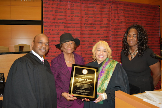 The Kings County Courts kicked off Black History Month with an opening ceremony that featured Hazel N. Dukes (second from left), president of the New York chapter of the NAACP. Pictured from left: Hon. Reginald Boddie, Hazel N. Dukes, Hon. Deborah A. Dowling and Leah Richardson. Eagle photos by Rob Abruzzese