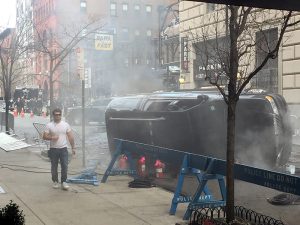 Some neighbors on Schermerhorn Street in Brooklyn Heights are unhappy that fumes from this burning car, exploded during a “Homeland” TV shoot, permeated their apartments for roughly two hours on Sunday. Photo courtesy of Darryl Rich