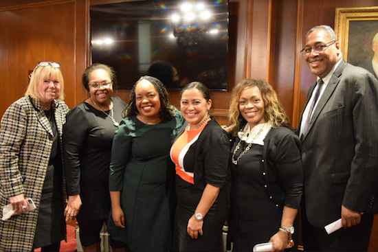 The local bar associations are taking part in the Brooklyn Legal Pipeline Initiative, a program designed to increase minority presence in the legal community. From left: Claire Rush, Tahesha Osignowo, Paula Edgar, Hon. Joanne Quinones, Rodney Pepe-Souvenir and Lance Ogiste. Eagle photos by Rob Abruzzese