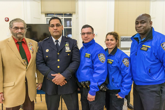 The 84th Precinct has a new commanding officer — Capt. Roberto Melendez. Pictured from left: Tony Ibelli, Capt. Roberto Melendez, John Kenny, Diana Torres and Julius Hudson. Eagle photo by Rob Abruzzese