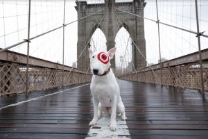 Bullseye, the famous mascot of Target, crosses the Brooklyn Bridge. Photo courtesy of Target