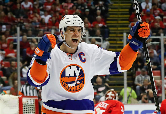 Team captain John Tavares roars as the Islanders opened their epic nine-game road trip with a 3-1 victory over the Red Wings in Detroit Tuesday night. AP photo