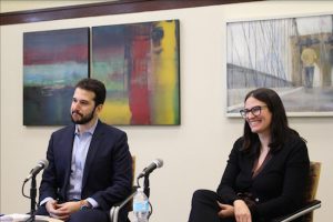 Professors Julian Arato and Rebecca Kysar discussed how President Donald Trump could have legal impacts on trades, tariffs and taxes on Monday. Photo courtesy of the Brooklyn Law School.