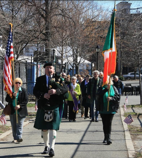 Members of the Commodore Barry Club of Brooklyn march into Commodore Barry park to commemorate the naval hero’s birthday last year. Photo courtesy of Brian Kassenbrock