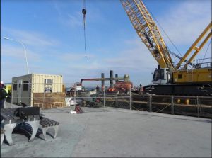 The construction of the ferry landing is right on schedule, according to NYCEDC officials. Eagle photo by Paula Katinas