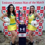 The New York Cosmos were officially welcomed to Coney Island on Monday night. Shown: Cosmos cheerleaders stand in front of the NASL championship trophy, which the Cosmos won last season. The team has won eight NASL championships, including last season and three times in the last four years. Eagle photos by Arthur De Gaeta