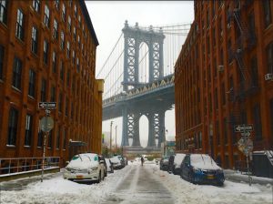 The corner of Washington and Water streets in DUMBO is normally a hot spot for selfie snappers — but Winter Storm Stella has scared everybody away. Eagle photos by Lore Croghan
