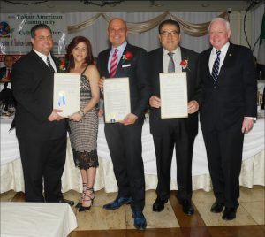 From left: Anthony and Dolores Pennachio, Arthur Aidala, Francesco Pedulla and state Sen. Marty Golden. Golden presents the honorees with proclamations. Eagle photos by Arthur De Gaeta