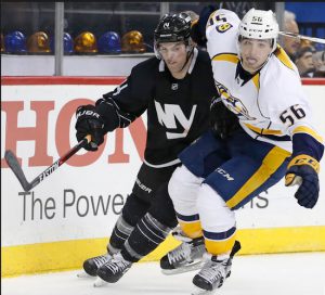 Thomas Hickey and the rest of the Islanders were just a step behind the Nashville Predators during Monday night’s 3-1 loss at Downtown’s Barclays Center. AP Photo by Kathy Willens