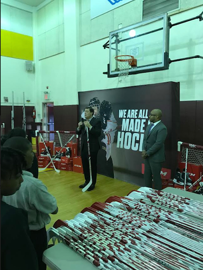 Former Islanders, Rangers and Buffalo Sabres star Pat LaFontaine helped donate $30,000 in hockey equipment to Madison Square Boys & Club Wednesday afternoon in Flatbush. Photos courtesy of Madison Square Boys & Girls Club