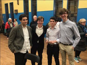 Assemblymember Robert Carroll (second from left) meets students Max Shatan, Eli Frankel and Chris Stauffer (left to right) after the teens contacted him with their idea to lower the voting age. Photo courtesy of Carroll’s office