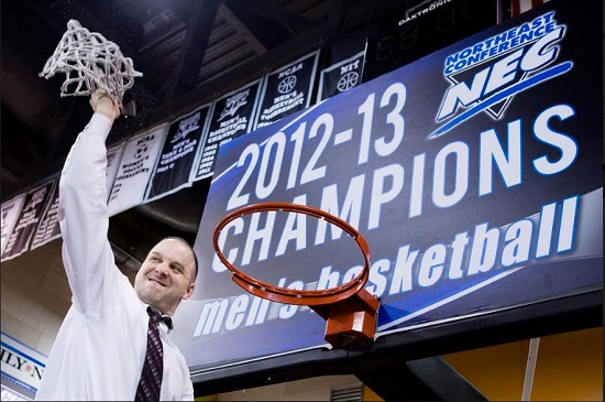 Jack Perri, shown here celebrating LIU Brooklyn’s NEC Tournament championship in 2013, will not be brought back to Downtown, the Brooklyn Eagle learned officially on Tuesday morning. AP Photo by John Minchillo
