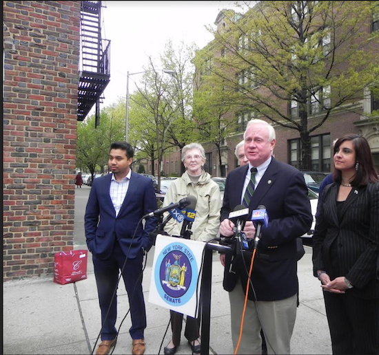 State Sen. Marty Golden (at podium) says he will not vote for the state budget if it cuts funding to senior citizen programs. Assemblymember Nicole Malliotakis (to his right) is also fighting to save the funding. Eagle file photo by Paula Katinas