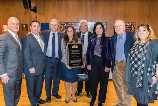 From left: Gregory T. Cerchione; Joseph S. Rosato, Dean Delianites, president of the Columbian Lawyers Association of Brooklyn; Maria Aragona; Hon. Frank Seddio, president of the Brooklyn Bar Association; Sara J. Gozo, president of the Brooklyn Women’s Bar Association; Hon. Robert J. Miller; and Aimee Richter. Eagle photo by Rob Abruzzese