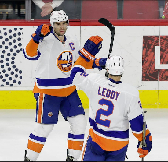 John Tavares accepts congratulations from Nick Leddy Tuesday night in Raleigh, North Carolina after the Islanders’ captain scored the overtime game-winner against the Hurricanes. AP Photo by Gerry Broome