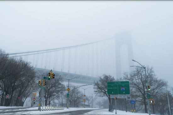 Bay Ridge was hit with a wintry mix of sleet, rain and snow and accumulated roughly 4-6 inches of heavy, slushy snow on the ground. Pictured is the Verrazano–Narrows Bridge which is nearly lost in the snow. Photos by Rob Abruzzese.