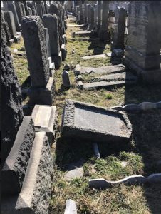 Dozens of headstones in Washington Cemetery were discovered dislodged over the weekend. Photos courtesy of Assemblymember Dov Hikind’s office