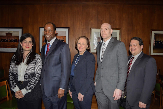 The Brooklyn Women's Bar Association hosted the County Clerk Hon. Nancy Sunshine and her staff for a CLE on the pitfalls of filing papers. Pictured from left: Sara J. Gozo, president of the BWBA; Charles Small, chief clerk of the Supreme Court, Civil Term; Hon. Nancy T. Sunshine, Joe Leddo and Craig Schatzman. Eagle photo by Rob Abruzzese