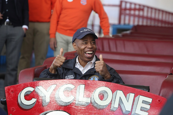 Brooklyn Borough President Eric Adams tries out the lead car on the Cyclone during the opening day at Luna Park. Eagle photos by Andy Katz