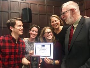 Pictured from left: Brooklyn Law School students Craig McAllister, Elyssa Abuhoff, Jaime Freilich and Erin Callihan meet with Monroe E. Price, the namesake of the international Moot Court Competition in England. Photos courtesy of the Brooklyn Law School