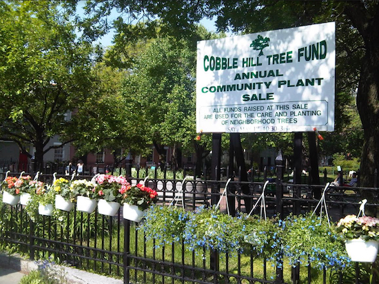 A banner promotes the Cobble Hill Tree Fund Plant Sale during last year’s event. Photo courtesy of the Cobble Hill Tree Fund