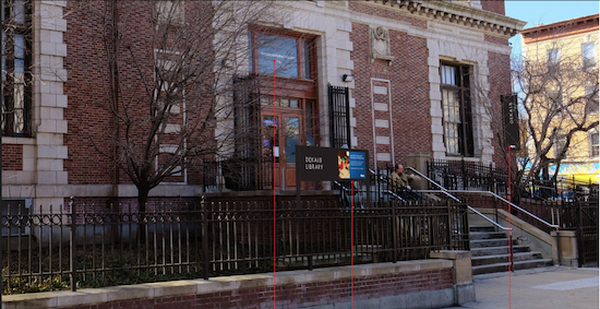 The Brooklyn Public Library plans to install digital-display signs and perpendicular banners on landmarked branches including the DeKalb Library in Bushwick. Composite photos by LVCK LLC via the Landmarks Preservation Commission