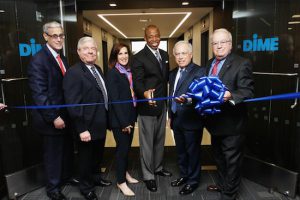 From left: Attorney Steve Cohn, former Brooklyn Borough President Marty Markowitz, Dime Bank Lead Director Kathleen M. Nelson, Brooklyn Borough President Eric Adams, Dime Community Bank President and CEO Ken Mahon and Dime Chairman Vincent Pagliano prepare for the ribbon cutting ceremony. Eagle photos by Arthur De Gaeta