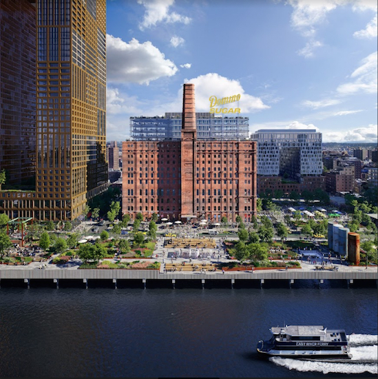 Real estate development firm Two Trees Management announced on Wednesday that Domino Park is on track to open next summer. The quarter-mile-long green space will run along the Williamsburg waterfront in front of the landmarked Domino Sugar Refinery. Renderings by MIR