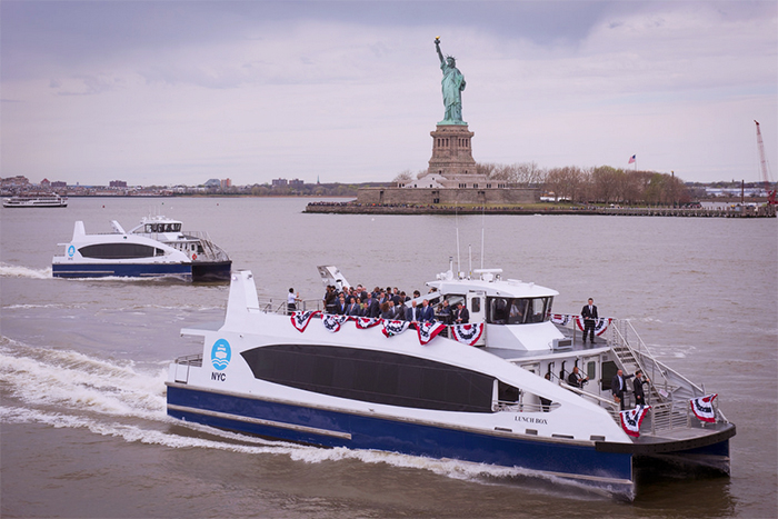 Mayor Bill de Blasio welcomed the first NYC Ferry to New York Harbor for a dedication ceremony at Brooklyn Bridge Park on Monday. Photo courtesy of Michael Appleton, Mayoral Photography Office