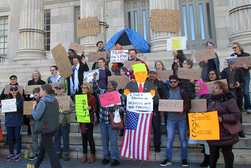 Protesters gathered at Brooklyn Borough Hall Plaza on Sunday to speak out against President Trump's proposed cuts to the HUD budget, which they say will increase homelessness in NYC. Photos courtesy of Ellen Freudenheim