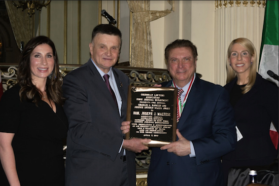 Justice Joseph J. Maltese is the 52nd annual recipient of the Rapallo-Scalia Award given by the Columbian Lawyers Association, First Department. Pictured from left: Columbia Lawyers Association President Marianne E. Bertuna, Thomas J. Principe, Hon. Joseph Maltese and Suzanne J. Adams. Eagle photos by Rob Abruzzese