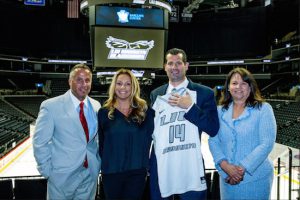 As the 14th head coach of the LIU-Brooklyn men’s basketball program, Derek Kellogg (second from right) has some lofty ambitions, including getting the Blackbirds into the national college hoops conversation. Photo courtesy of LIU-Brooklyn athletics
