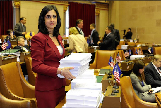 Assemblymember Nicole Malliotakis, pictured in the Assembly Chamber in Albany, is hoping to win the Republican Party nomination to run against Democratic Mayor Bill de Blasio. Photo courtesy of Malliotakis’ office