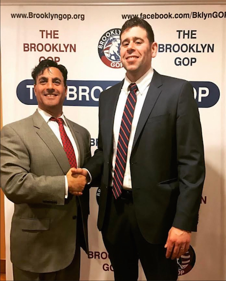 Republican Party Chairman Ted Ghorra (left) shakes hands with District 48 City Council candidate Steve Saperstein. Photo courtesy of the Brooklyn GOP