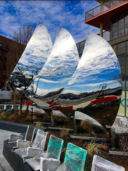 Come Sail Away. (Remember the Styx song?) This sculpture's outside a Sheepshead Bay condo building called The Vue. Eagle photos by Lore Croghan