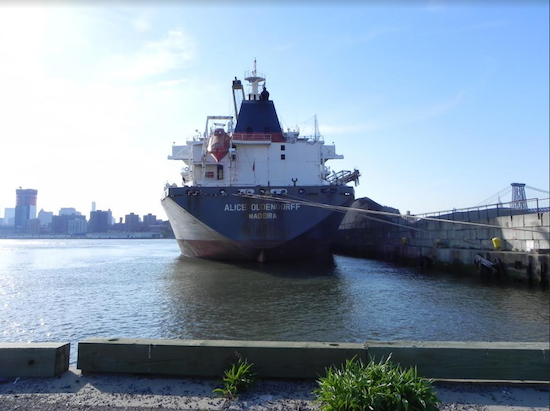 The historic Brooklyn Navy Yard is still a hub of activity today. The Alice Oldendorff delivers gravel to the port. Eagle photos by Paula Katinas