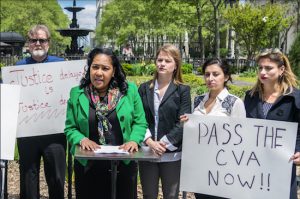Ama Dwimoh, a candidate running for district attorney in Brooklyn, stood alongside survivors of child sexual abuse during a press conference on Friday to call for the passage of the Childhood Victims Act. Eagle photo by Rob Abruzzese