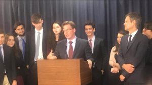 Assemblymember Robert Carroll (at podium) says the advocacy effort by high school students who came up to Albany to push for passage of his bill to lower the voting age will make a difference. Photo courtesy of Carroll’s office