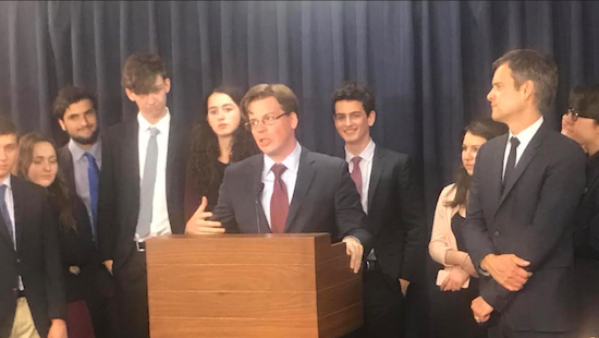 Assemblymember Robert Carroll (at podium) says the advocacy effort by high school students who came up to Albany to push for passage of his bill to lower the voting age will make a difference. Photo courtesy of Carroll’s office