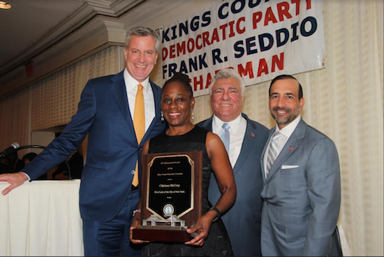 The Kings County Democratic Party hosted its annual dinner at El Caribe on Thursday, where it honored four including the late District Attorney Ken Thompson. Pictured from left: Mayor Bill de Blasio, Chirlane McCray, Hon. Frank Seddio and Frank Carone. Eagle photos by Mario Belluomo