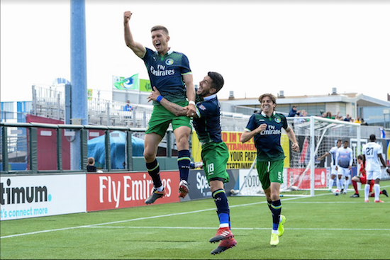 Ryan Richter celebrates his first goal of the season on Sunday. The Cosmos beat visiting Puerto Rico FC 4-3 to earn their first home win of the season. New York is now unbeaten in their last five games. Photos courtesy of the New York Cosmos