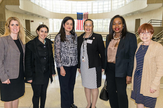 Chief Judge Dora Irizarry poses with members of the Brooklyn Women’s Bar Association. Pictured from left: Janet McDonnell, Lauren Arnel, President Sara Gozo, Hon. Dora Irizarry, past President Hon. Sylvia Hinds-Radix and past President Marsha Steinhardt. Eagle photo by Rob Abruzzese