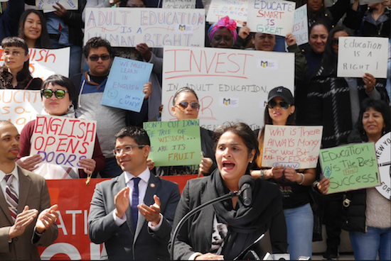 From left: Kevin Douglas, co-director of policy and advocacy for United Neighborhood Houses; Councilmember and Immigration Committee Chair Carlos Menchaca; and Brooklyn Deputy Borough President Diana Reyna at the Borough Hall rally. Eagle photos by Arthur De Gaeta