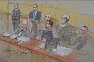 A sketch of Joaquín Guzmán (front right in blue) and a gaggle of federal defense attorneys and interpreters who appeared with him during his status conference in Brooklyn federal court on Friday. Court sketch by Alba Acevedo