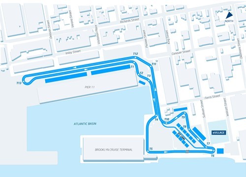 A 1.95 kilometer circuit will wind through the Red Hook waterfront around Pier 11. Map courtesy of FIA Formula E
