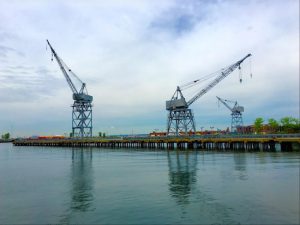 Cranes in Red Hook's Erie Basin Park are reminders that Todd Shipyard stood at this site behind IKEA. Eagle photos by Lore Croghan